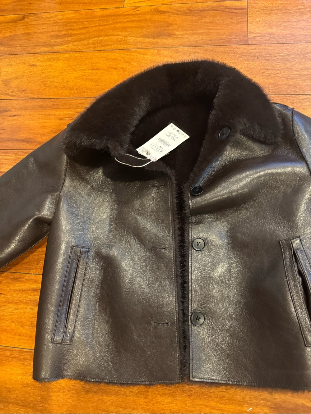 Zara Black Faux Leather Jacket with Shearling Collar